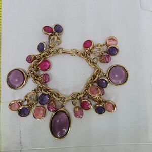 Vtg Victorian Revival Bracelet Poured Glass Charm Fringe Bracelet Bezel Cluster